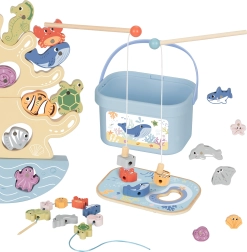 Houten zeeset 3-in-1: balans toren, magnetisch vissen en rijgen – 23 onderdelen