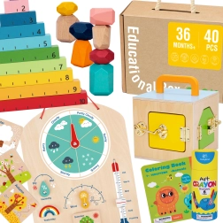 Tooky Toy Montessori educatieve box 6-in-1: slotenbox, balansstenen, weerbord, tellen 1–10, kleurplaten en boekje