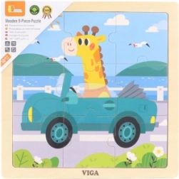 Wooden puzzle with a giraffe in a car, 9 pieces