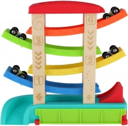 Cascade racebaan voor auto’s met 4 wagens, hout en kunststof, 33 × 32 × 10 cm