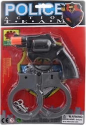 Klapperpistool van plastic met handboeien, 8-schots