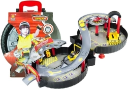 Twee-laags parkeergarage voor auto’s in een koffer in de vorm van een wiel