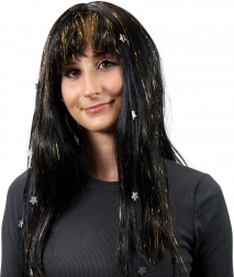 Pruik met zwart haar versierd met gouden strepen en sterren