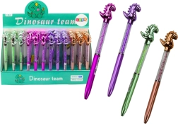 Ballpoint pen with dinosaur, glitter stones, blue ink 0.7 mm, assorted colors