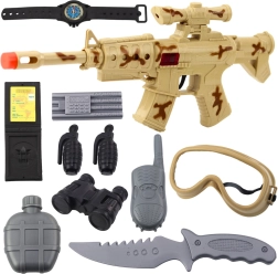 Set militaire avec fusil et accessoires, bruit de tir, camouflage sable