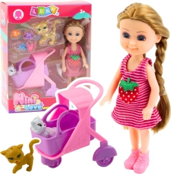 Mini poupée avec landau et chatons