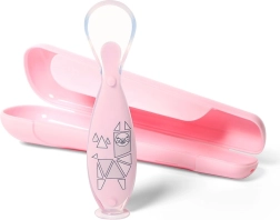 Silicone Baby Spoon with Suction Base and Case Pink BABYONO