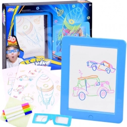 Verlichte tekentablet met 3D-bril en neonstiften – Blauw