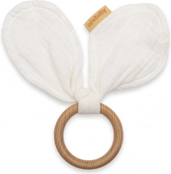 Houten bijtring met mousseline New Baby Ears, wit