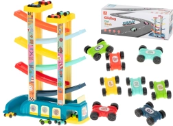Piste de voitures colorée avec rampe et garage – 8 petites voitures