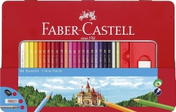 Houten zeshoekige kleurpotloden FABER-CASTELL 48 stuks in blikken etui met puntenslijper, gum en grafietpotloden