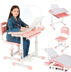 Bureau évolutif pour enfant avec chaise et lampe LED, rose