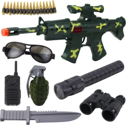 Set militaire pour enfants avec fusil et accessoires, bruit mécanique de tir, kaki