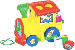 Shape-sorter pull-along train for little ones with clock