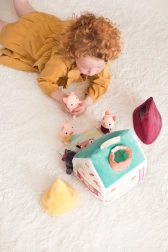 Textielen huisje Lilliputiens met het sprookje Van de wolf en de drie biggetjes