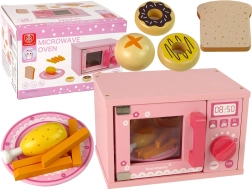 Houten magnetron voor kinderen – roze set met eten