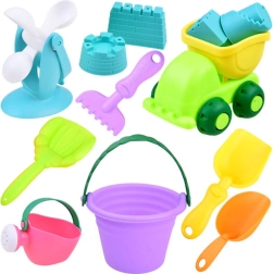 Set zandbak speelgoed met kleurrijke emmer en autootje