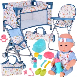 Deluxe baby doll set with stroller, travel crib, high chair and accessories