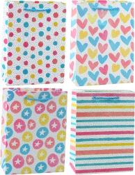 Colorful gift bag hearts, stars, dots, stripes