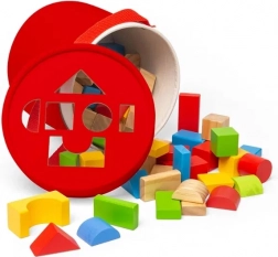 Bigjigs Toys houten blokken en vormenstoof in een trommel