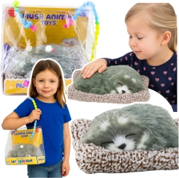 Sleeping husky on a cushion with soft fur and sounds, portable bag