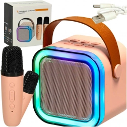 Karaokeset met bluetooth-luidspreker, 2 draadloze microfoons en LED-verlichting 6 W – roze