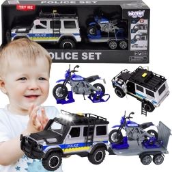 Woopie police off-road car with trailer and motorcycle