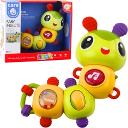 Interactive sensory caterpillar – musical rattle and teether with 360° rotating elements
