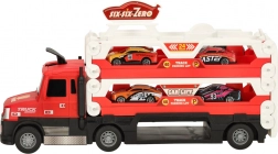 Car transporter with fold-out racetrack, 6 cars, red