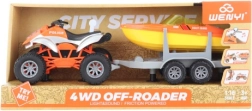 Battery-operated quad bike with trailer and boat for kids