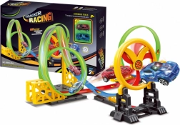 Piste de course pour enfants avec anneau mobile et 2 voitures LED avec 3 loopings