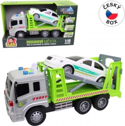 Takelwagen met auto met vliegwiel met licht en geluid