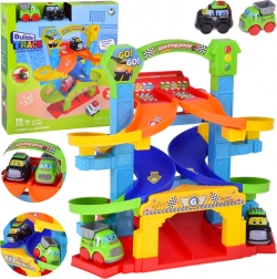 Spiral race track for kids with police car and dump truck, 19 pieces