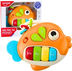 Petit piano musical interactif en forme de poisson avec anneau de dentition – orange