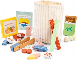 Houten snoepjesset met tas en tangetjes