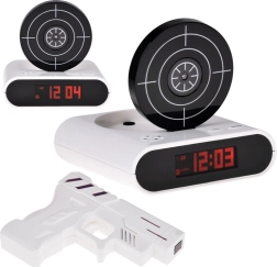 Wekker met schietschijf en pistool, spel en opname van alarm