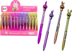 Ballpoint pen with bunny and crystals, blue refill 0.7 mm, assorted colors