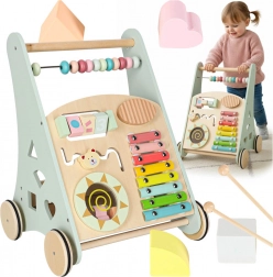 houten duwwagentje met activiteiten en telraam, blauw