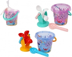Plastic set voor zand en water met emmer en molen in net 17 × 16 cm