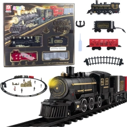 Elektrische treinset met stoomlocomotief, wagons en rails met licht