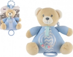 Plush teddy bear with pull-string music box and rattle, blue 18 × 18 cm