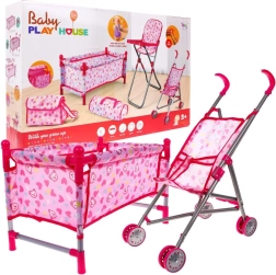 Accessory Set for Dolls for Children 3+ Baby Care with Stroller, High Chair, Crib and 2 Bags