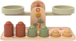 Houten kinder weegschaal met schaaltjes in pastelkleuren, geïnspireerd door Montessori