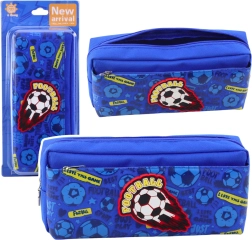 Trousse scolaire avec motif de football, deux compartiments, bleue