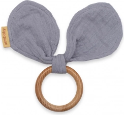 Houten bijtring met mousseline oortjes New Baby, grijs