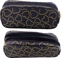 Schwarzes Federmäppchen mit goldenen Herzen zweikammerig