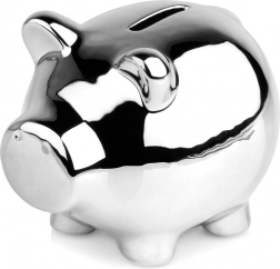 Zilverkleurige keramische spaarpot in de vorm van een biggetje 11,5 × 9 cm
