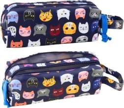 Schulmäppchen Bunte Katzen Zwei Taschen Blau 22cm