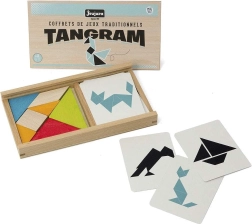 Jeujura tangram met voorbeelden in houten doos