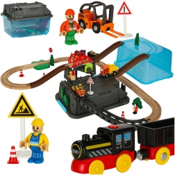 Wooden construction train set with 55 pieces, locomotive and accessories